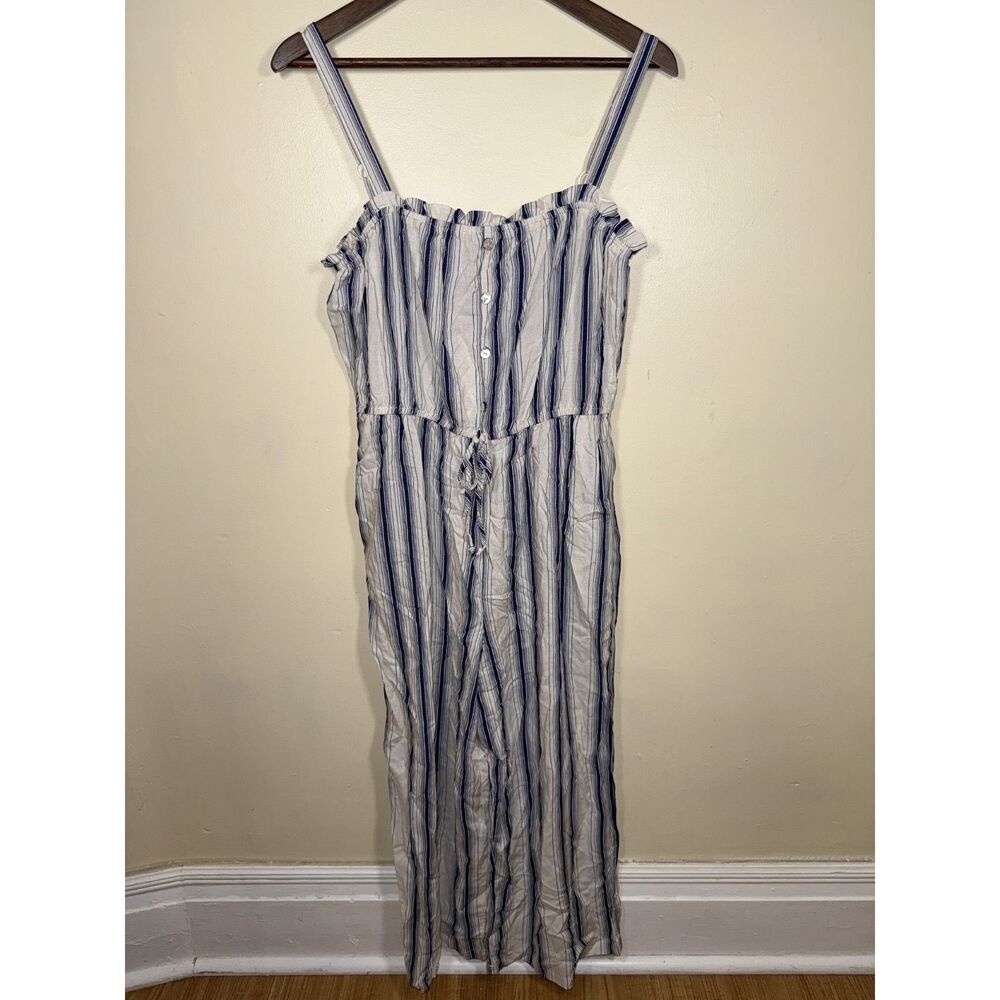 Lily Rose NWT Linen Blend Navy Cream Striped Jumpsuit Size L Wide Leg Pockets
